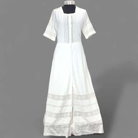 RRL Ralph Lauren Lace Trim Linen-Cotton Jersey Maxi Dress White Boho size  2 NEW